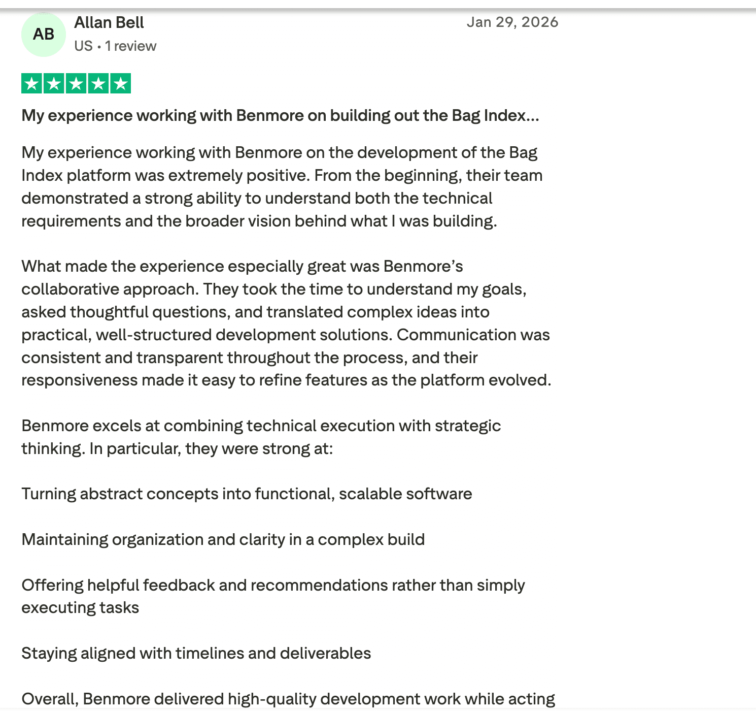 Trustpilot review from Allan Bell