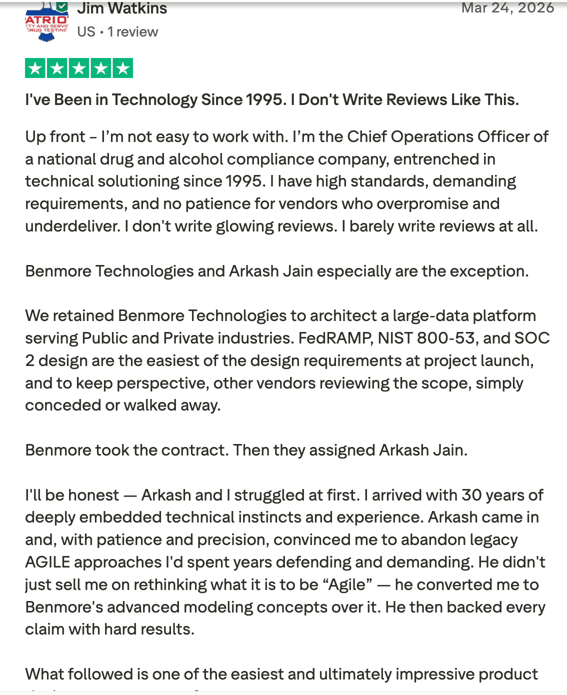 Trustpilot review from Jim Watkins